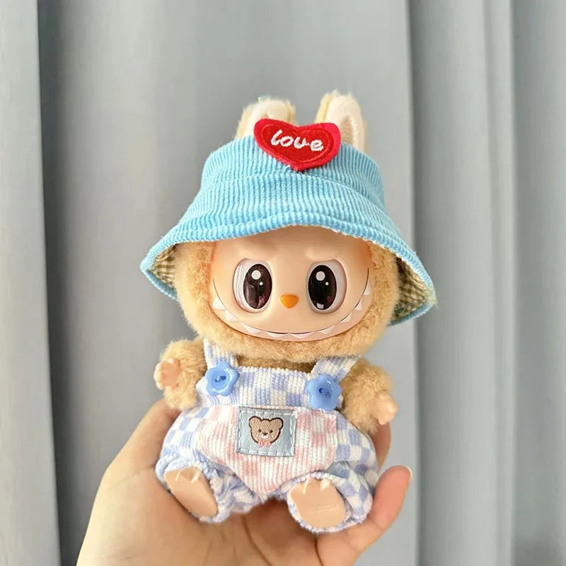 Labubu Clothes - Handmade Summerr Dungarees Checked Bear Outfit with Accessories